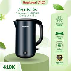 Ấm Siêu Tốc Nagakawa NAG0319 1.8L Inox 304 - Thiết Kế 2 Lớp Sang Trọng, Công Suất 1800W, Chức Năng Giữ Ấm Tiện Lợi