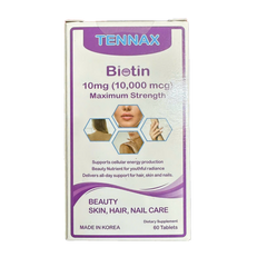 Viên Uống Biotin Tennax 10mg - Hỗ Trợ Đẹp Da, Tóc và Móng, Giải Quyết Rụng Tóc - Hộp 60 Viên Mỹ Quốc tế