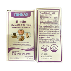 Viên Uống Biotin Tennax 10mg - Hỗ Trợ Đẹp Da, Tóc và Móng, Giải Quyết Rụng Tóc - Hộp 60 Viên Mỹ Quốc tế