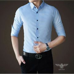 Áo Sơ Mi Nam Dài Tay Xanh Chất Lụa Mát, Không Nhăn - Kiểu Dáng Hàn Quốc, Thích Hợp Mặc Văn Phòng và Dạo Phố