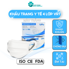 Khẩu Trang Y Tế Cao Cấp 4 Lớp VRT Màu Trắng Xanh - Quai Vải Không Đau, Kháng Khuẩn, Chống Bụi, Hộp 50 Chiếc