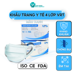 Khẩu Trang Y Tế Cao Cấp 4 Lớp VRT Màu Trắng Xanh - Quai Vải Không Đau, Kháng Khuẩn, Chống Bụi, Hộp 50 Chiếc