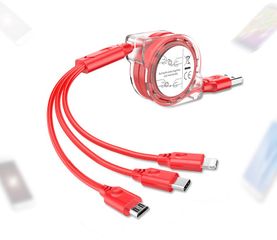 Cáp Sạc Dây Kéo Cuộn Tròn 3 Đầu Chống Rối 1M Hỗ Trợ Lightning, Micro USB, Type-C - Thiết Kế Hiện Đại, Tiện Ích Sử Dụng
