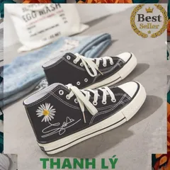 Giày Thể Thao Nữ Cổ Cao H56 Thời Trang CV Chữ Ký Hoa Cúc Đen - Sneaker Cao Cấp Đi Học, Đi Chơi