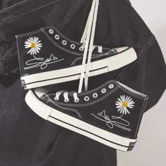 Giày Thể Thao Nữ Cổ Cao H56 Thời Trang CV Chữ Ký Hoa Cúc Đen - Sneaker Cao Cấp Đi Học, Đi Chơi