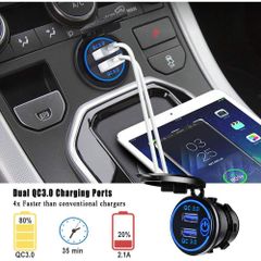 Tẩu sạc nhanh 2 cổng USB QC3.0 36W cho xe máy & ô tô - Có nút nhấn, đèn LED báo, chống bụi chống nước