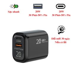Củ sạc nhanh 2 cổng Type C và USB sạc nhanh cho tất cả điện thoại Iphone, Samsung, Huawei, Vivo, Oppo, Xiaomi MTR026