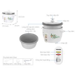 Nồi Cơm Điện Nắp Rời Toshiba RC-18MH1PV(F) 1.8L 700W - Lòng Nồi Chống Dính, Bảo Hành 12 Tháng, Nấu Cơm Nhanh Chóng cho Gia Đình 4-6 Người