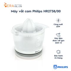 Máy Vắt Cam Philips HR2738 - Công Suất 25W, Dung Tích 500ml, Thiết Kế Tiện Lợi, Hàng Chính Hãng Cho Gia Đình và Kinh Doanh Nhỏ