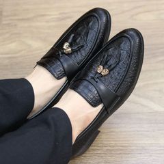 Giày Lười Da Nam Dập Vân Cá Sấu - Đính Chuông Kim Loại, Đế Khâu Chỉ Gai Chắc Chắn, Phong Cách Thời Trang Cao Cấp