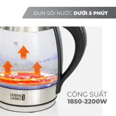 (Bảo Hành 2 Năm) Ấm Đun Siêu Tốc Thủy Tinh 1,8L Lebenlang LBWE2626 Công Suất 2200W - Hàng Chính Hãng