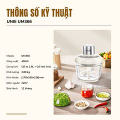 Máy Xay Thịt Đa Năng Unie UM366, 400W, 2 Cối Thủy Tinh, Chống Tắc, An Toàn, Dễ Vệ Sinh - Sản Phẩm Chính Hãng Cho Bếp Gia Đình