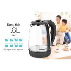 Ấm Siêu Tốc Thủy Tinh 1.8L SUNHOUSE SHD1215B - Bình Đun Nước Điện Tích Hợp, Công Suất 1800W, Dung Tích Lớn, Màu Đen.