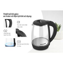 Ấm Siêu Tốc Thủy Tinh 1.8L SUNHOUSE SHD1215B - Bình Đun Nước Điện Tích Hợp, Công Suất 1800W, Dung Tích Lớn, Màu Đen.