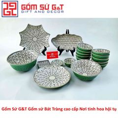 Bộ Đồ Ăn 10 Người Men Xanh Đồng Vẽ Hoa Bèo Gốm Sứ Sang Trọng - Bộ Đồ Dùng Bàn Tiệc Đẹp Mắt