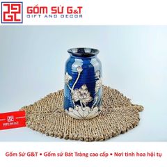 Lọ Hoa Gốm Sứ Trang Trí Phích Miệng Rộng Vẽ Sen Nổi - Quà Tặng Phong Thủy Đẹp Mắt
