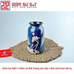 Lọ Hoa Gốm Sứ Trang Trí Phích Miệng Rộng Vẽ Sen Nổi - Quà Tặng Phong Thủy Đẹp Mắt