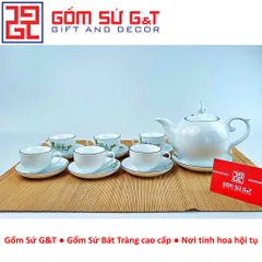 Bộ trà chóp lửa gốm sứ vẽ hoa đào xanh - Bộ ấm trà nghệ thuật cao cấp cho không gian sống tinh tế