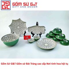 Bộ Đồ Ăn 6 Người Gốm Sứ Vẽ Hoa Bèo Men Xanh Đồng - Bộ Dụng Cụ Tiệc Sang Trọng cho Gia Đình và Bạn Bè