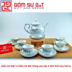 Bộ trà cát tường gốm sứ vẽ hoa đào xanh - Bộ trà truyền thống trang trí tinh tế cho không gian sống và thưởng thức trà