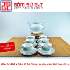 Bộ trà cát tường gốm sứ vẽ hoa đào xanh - Bộ trà truyền thống trang trí tinh tế cho không gian sống và thưởng thức trà