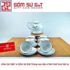 Bộ trà cát tường gốm sứ vẽ hoa đào xanh - Bộ trà truyền thống trang trí tinh tế cho không gian sống và thưởng thức trà