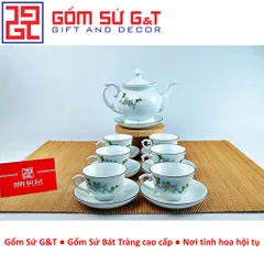 Bộ trà cát tường gốm sứ vẽ hoa đào xanh - Bộ trà truyền thống trang trí tinh tế cho không gian sống và thưởng thức trà