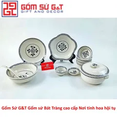 Bộ đồ ăn Gốm Sứ 4 người vẽ hoa móc - Tô, Bát, Chén, Đĩa sang trọng cho bữa tiệc gia đình hoặc bạn bè