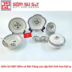 Bộ đồ ăn Gốm Sứ 4 người vẽ hoa móc - Tô, Bát, Chén, Đĩa sang trọng cho bữa tiệc gia đình hoặc bạn bè