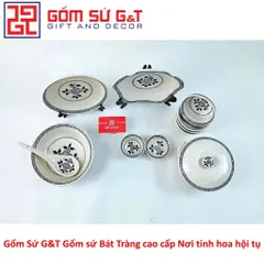 Bộ đồ ăn Gốm Sứ 4 người vẽ hoa móc - Tô, Bát, Chén, Đĩa sang trọng cho bữa tiệc gia đình hoặc bạn bè