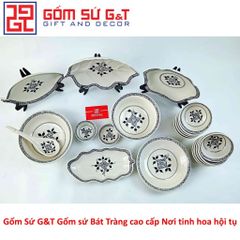 Bộ đồ ăn gốm sứ 10 người vẽ hoa móc - Set 2 chén đĩa sang trọng cho bữa tiệc và các dịp lễ hội