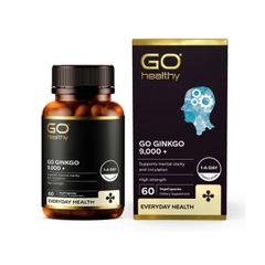 Viên uống bổ não GO Ginkgo 9000+ 60 viên - Sản phẩm nhập khẩu GO Healthy New Zealand, tăng cường trí nhớ và sức khỏe não bộ.