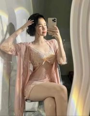 Váy Ngủ Ren Hai Dây Xuyên Thấu Sexy Kèm Áo Choàng & Quần Lót - Đồ Ngủ Mặc Nhà Nữ Thời Trang Chính Hãng