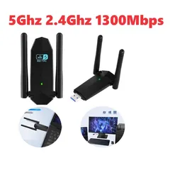USB Wifi AC1300M Không Dây 2 Râu Kép - Tốc Độ 1300Mbps, Băng Tần Kép 2.4Ghz & 5Ghz, Phụ Kiện Giả Rẻ Cho PC và Laptop