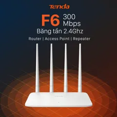Bộ phát sóng WiFi Tenda F6 - Chuẩn N 300Mbps, 4 Ăng-ten, Repeater, Thiết kế Sang trọng cho Nhà và Căn hộ Nhỏ
