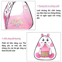 Lều đồ chơi cho bé gái, họa tiết tai thỏ, sức chứa 2-3 bé, lều tự bung, đồ chơi cắm trại