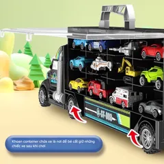 Hộp đồ chơi xe ô tô cho bé cỡ lớn kèm 12 chiếc - Set xe container nhiều ngăn 3in1