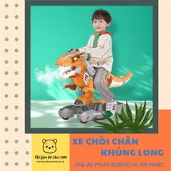 Xe chòi chân khủng long 6 bánh tự cân bằng cho bé 3 tuổi với chế độ phun sương, có đèn và nhạc