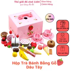 Hộp đồ chơi trà bánh tráng miệng bằng gỗ 50 chi tiết set đồ chơi nấu ăn bằng gỗ họa tiết trái dâu thegioidochoi1104
