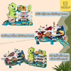 Đồ chơi bãi đậu xe ô tô khủng long xanh HomeKey kèm 10 xe kết hợp với đường hầm khủng long