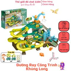 Bộ Đường đua khủng long kết hợp công trình xây dựng kèm 4 xe 2 khủng long có nhạc