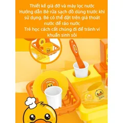 Đồ chơi bồn rửa chén bát tự động Vịt Vàng 19 chi tiết, sử dụng pin, vòi sen xoay 90 độ, thegioidochoi1104