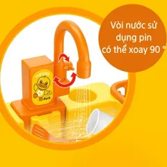 Đồ chơi bồn rửa chén bát tự động Vịt Vàng 19 chi tiết, sử dụng pin, vòi sen xoay 90 độ, thegioidochoi1104