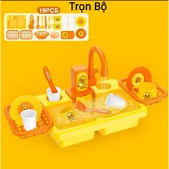 Đồ chơi bồn rửa chén bát tự động Vịt Vàng 19 chi tiết, sử dụng pin, vòi sen xoay 90 độ, thegioidochoi1104