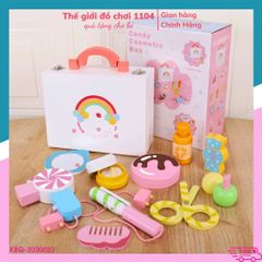 Hộp Vali Trang Điểm Gỗ Cao Cấp 11 Chi Tiết Họa Tiết Kẹo Ngọt - Đồ Chơi Make Up Cho Bé Gái 3 Tuổi