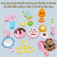 Hộp Vali Trang Điểm Gỗ Cao Cấp 11 Chi Tiết Họa Tiết Kẹo Ngọt - Đồ Chơi Make Up Cho Bé Gái 3 Tuổi