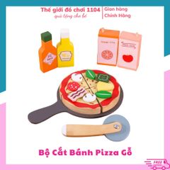 Bộ đồ chơi pizza bằng gỗ kèm dụng cụ cắt bánh Noble 18 chi tiết, đồ chơi gỗ cao cấp