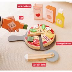 Bộ đồ chơi pizza bằng gỗ kèm dụng cụ cắt bánh Noble 18 chi tiết, đồ chơi gỗ cao cấp