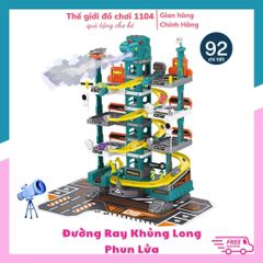 Bộ đồ chơi lắp ráp đường đua ô tô khủng long 92 chi tiết - Bãi đậu xe 4 tầng lớn với hiệu ứng phun lửa cho trẻ từ 3-4 tuổi