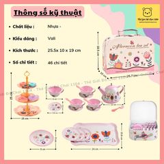 Bộ Đồ Chơi Tiệc Trà Bánh Họa Tiết Hoa 46 Chi Tiết - Vali Trà Kèm Tháp Bánh An Toàn Cho Bé Từ 2 Tuổi